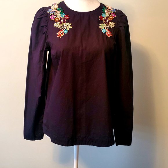 Gorgeous Colourful Bejewelled Applique Modest Blouse Black Long Puff Sleeve 8 - Picture 1 of 9